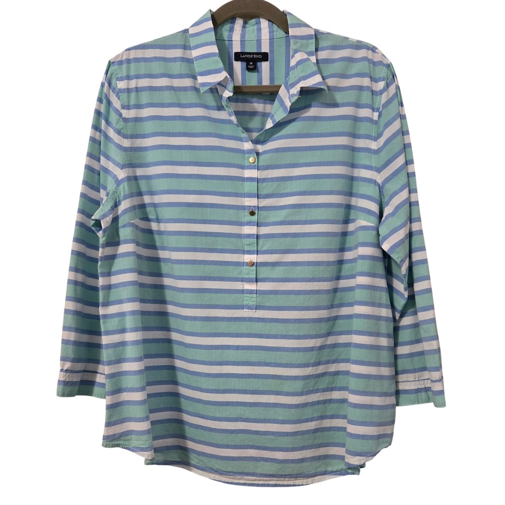 Lands End Womens Blue Green Striped 100% Cotton 3/4 Sleeve Popover Shirt Size 18